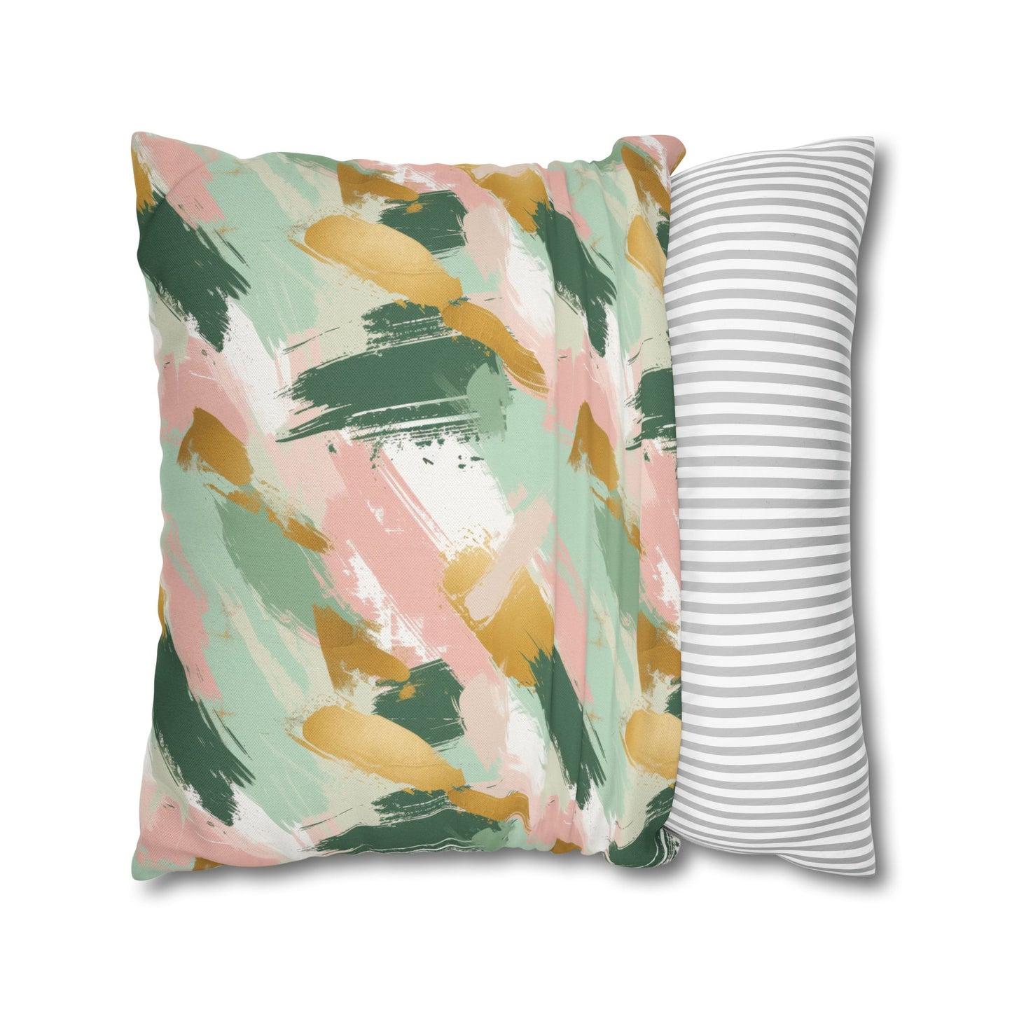 Spring Brushstrokes Abstract in Light Green, Pink, and Gold Spun Polyester Square Pillowcase 4 Sizes