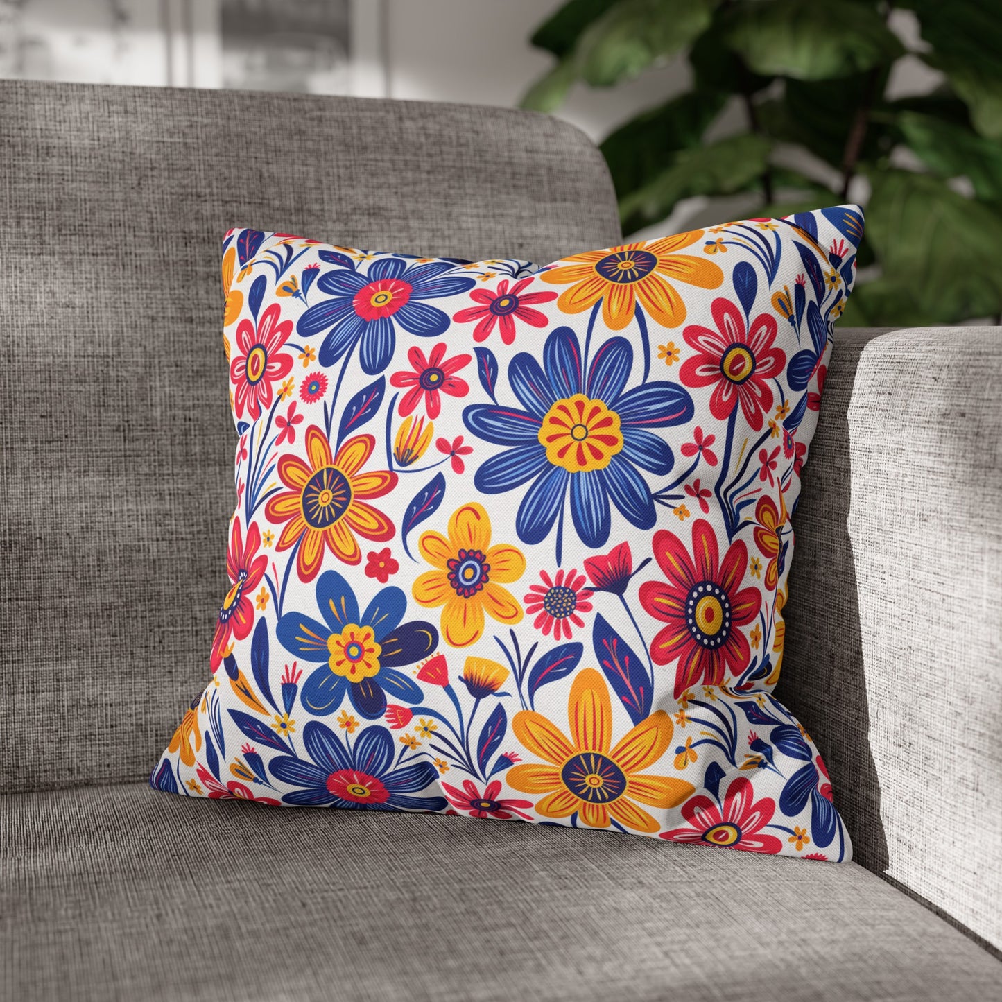 Vivid Blossom Bouquet: Large Hand-Drawn Spring Flowers Bursting with Vibrant Colors Spun Polyester Square Pillowcase 4 Sizes