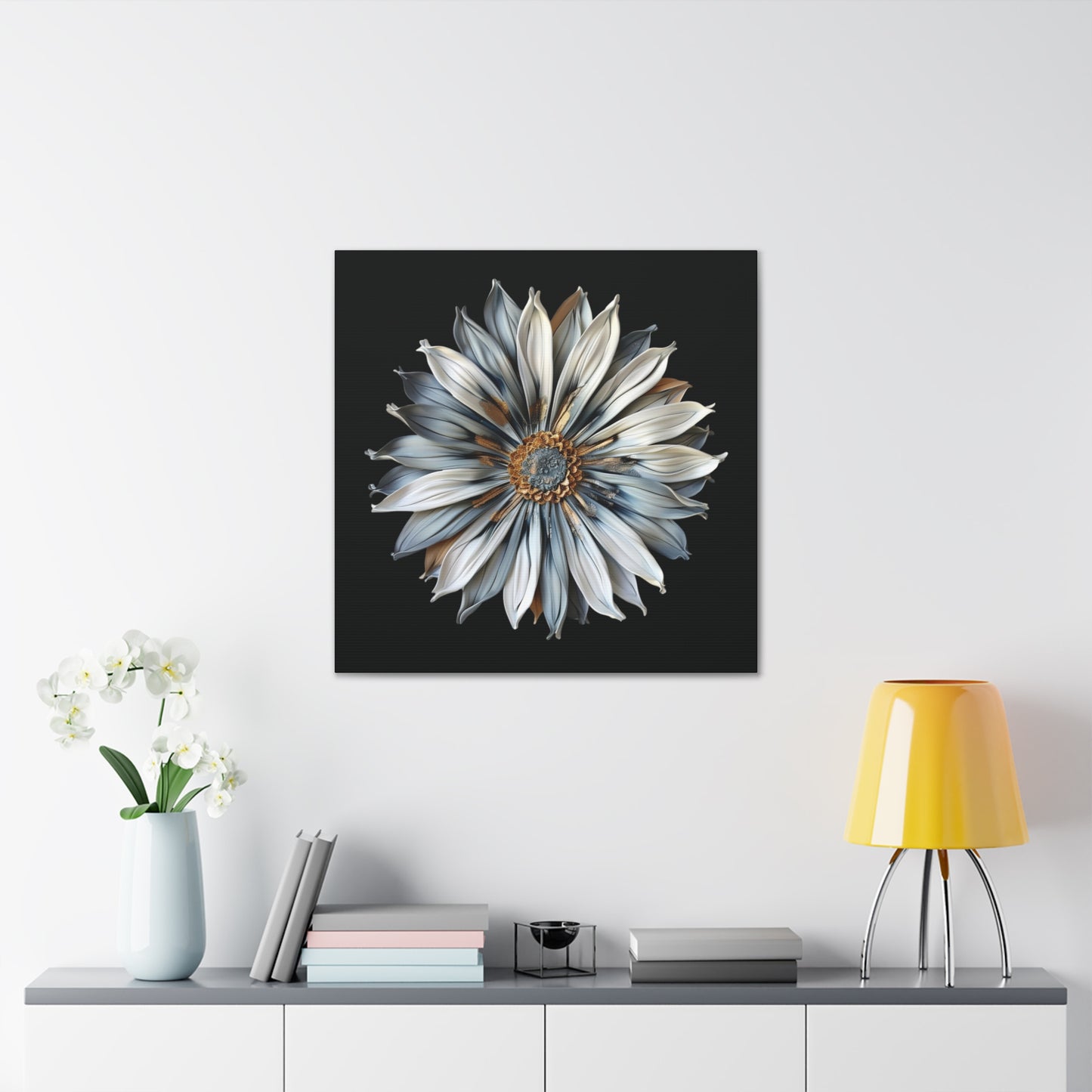 Pale Blue and Gold Sculpted Daisy on Black Background Print on Canvas Gallery Wraps  - 5 Sizes