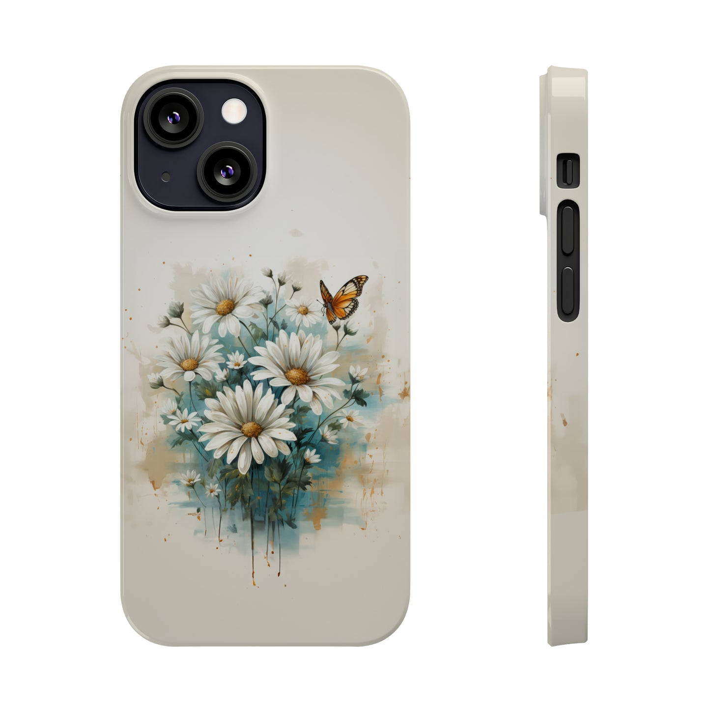 Rustic Farmhouse Teal and White Wild Daisies and Butterflies Iphone 15-12 Slim Phone Case