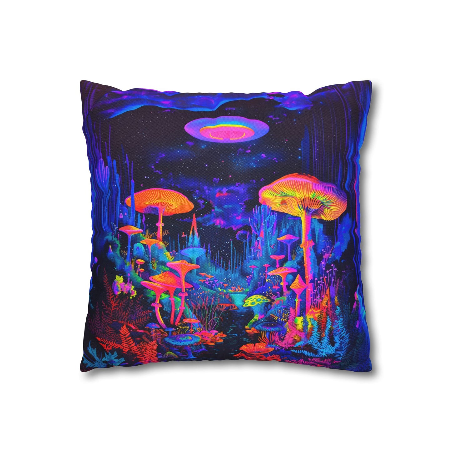 Vibrant Psychedelic Fantasy Neon Mushroom Forest Landscape Spun Polyester Square Pillowcase 4 Sizes