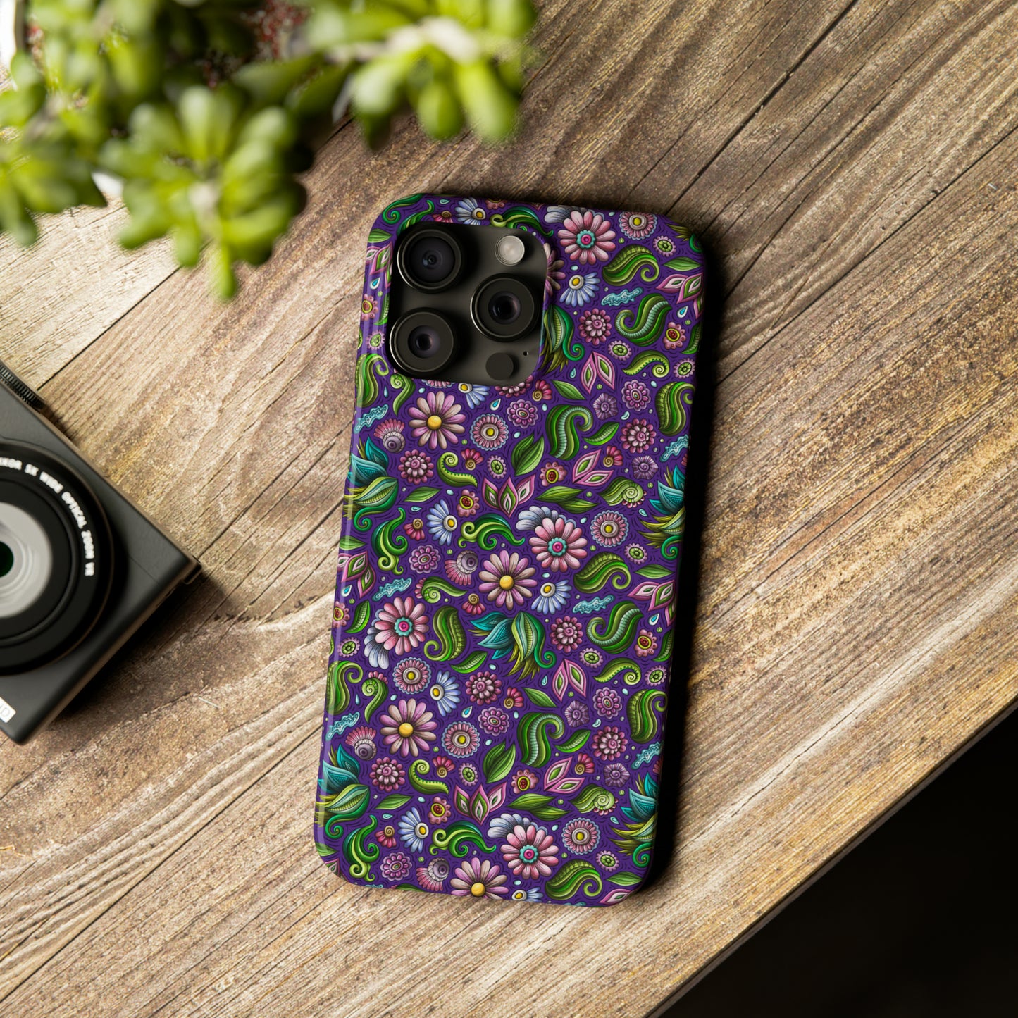 Purple & Pink Daisy Floral Print Purple Background Iphone 15-12 Slim Phone Case