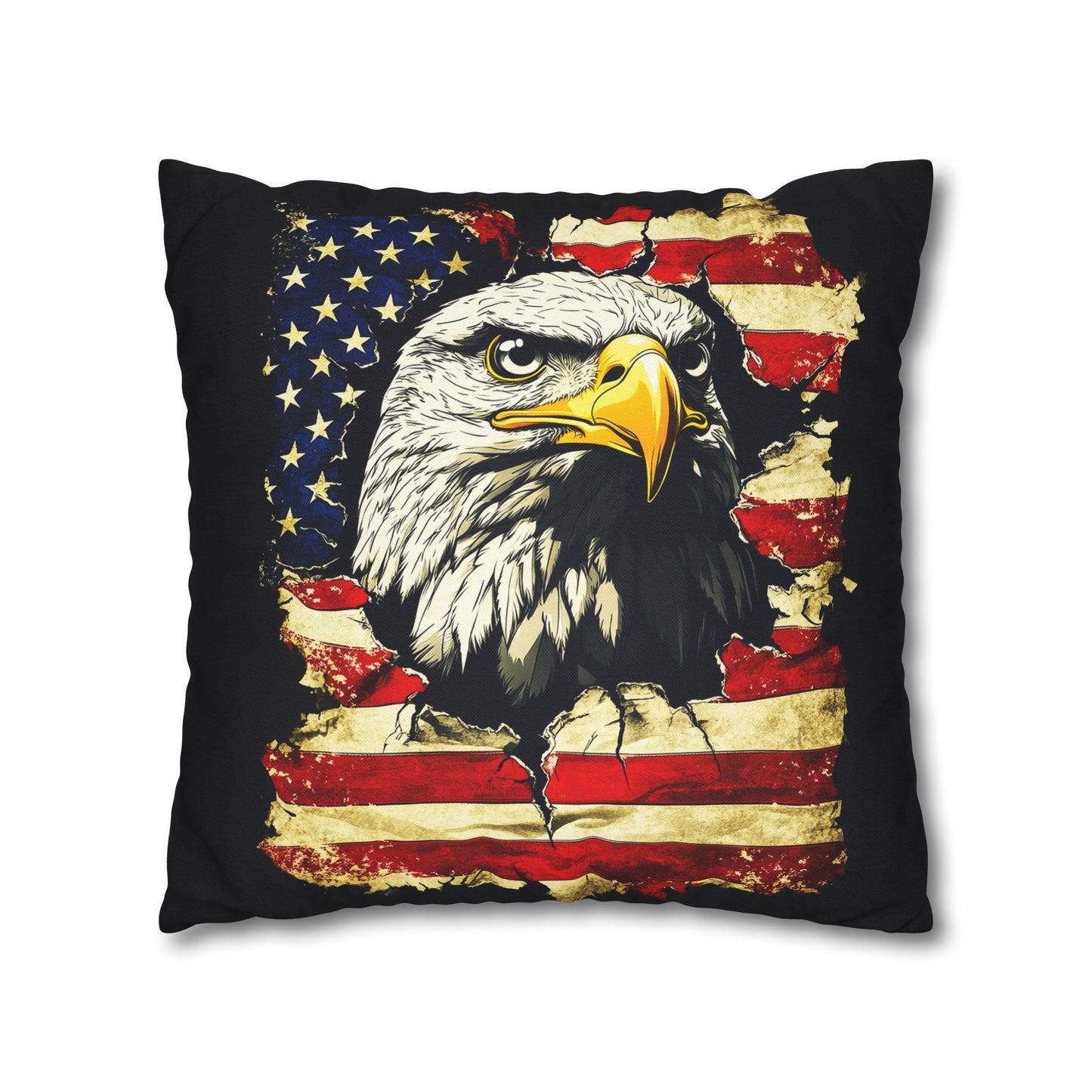 Bold Patriotism American Bald Eagle and Tattered American Flag Spun Polyester Square Pillowcase 4 Sizes