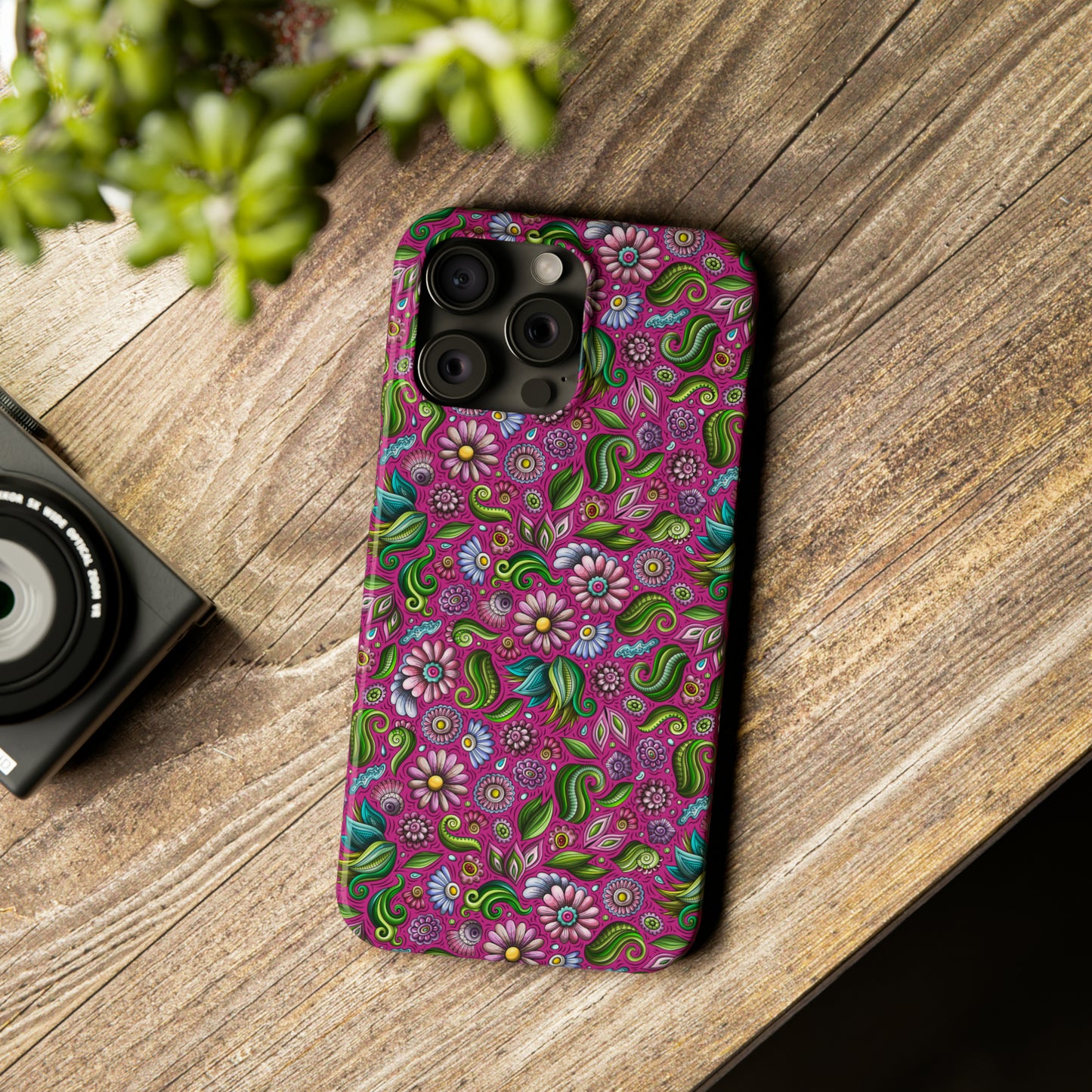 Purple & Pink Daisy Floral Print Hot Pink Background Iphone 15-12 Slim Phone Case