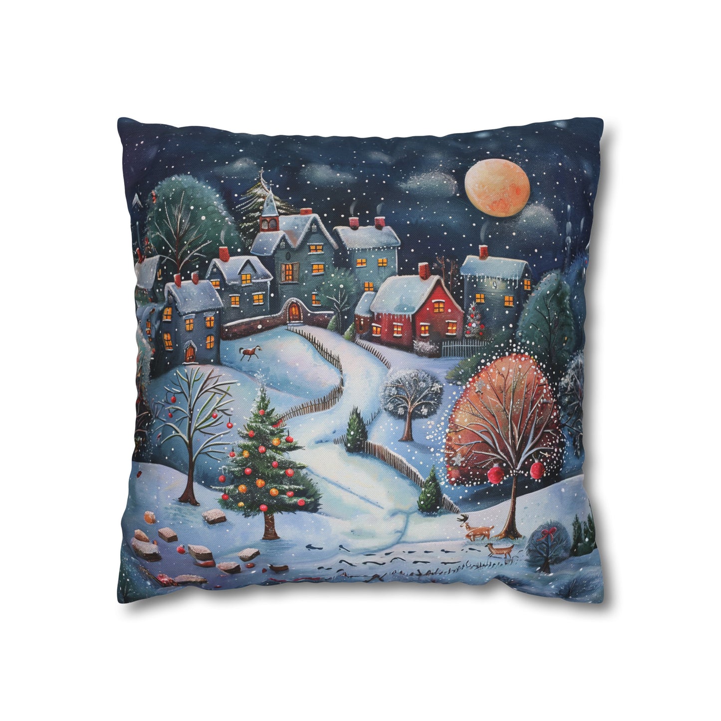 Snowy Serenade: Town at Winter Night with Reindeer Amidst the Snow  Spun Polyester Square Pillowcase 4 Sizes