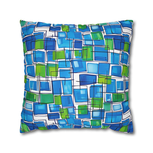 Abstract Interplay of Blue and Green Squares with Meandering Lines Spun Polyester Square Pillowcase 3 Sizes