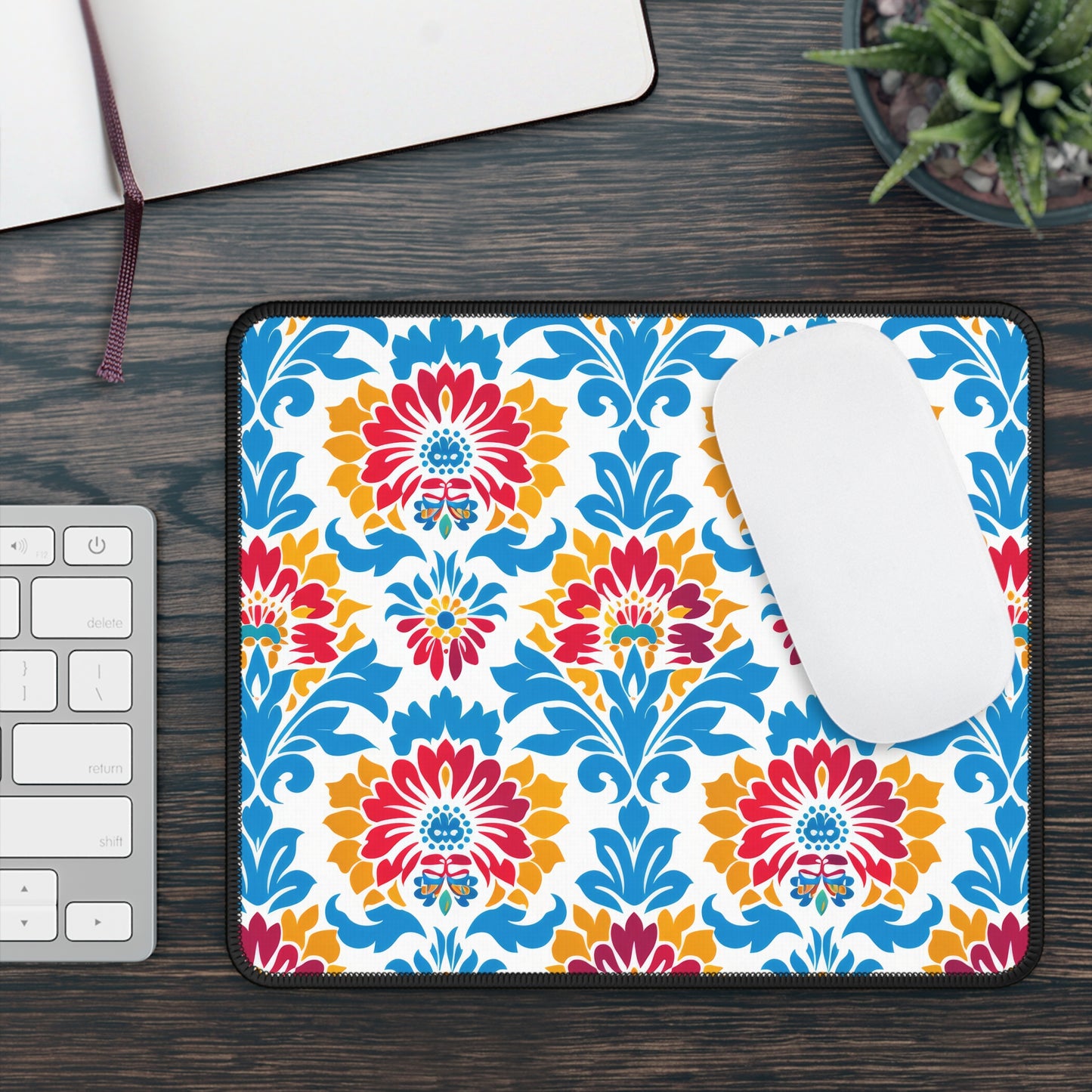 Bright Bouquet of Whimsy in Lively Hues of Red and Blue Flowers with Yellow Accents Gaming Mouse Pad with Finished Edges