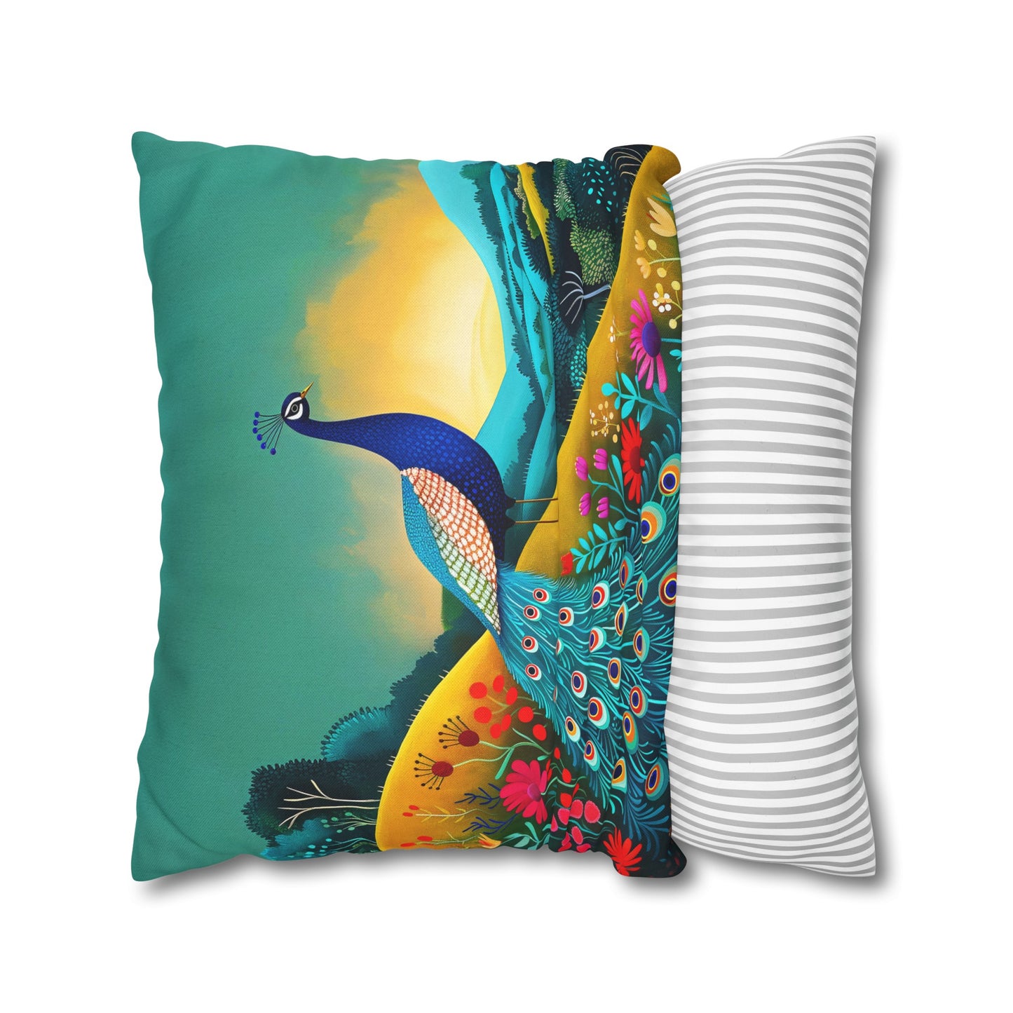 Radiant Peacock with Colorful Enchanted Garden and Sunrise Spun Polyester Square Pillowcase 4 Sizes