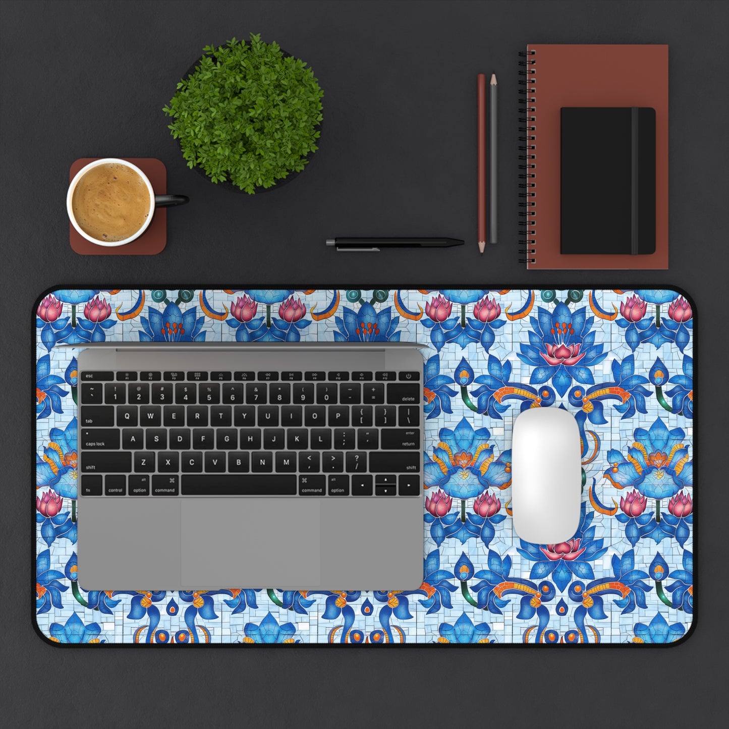 Majestic Mosaic Blossoms Vibrant Blue and Pink Floral Tile Design Extended Gaming Mouse Pad  Desk Mat  - 3 Sizes