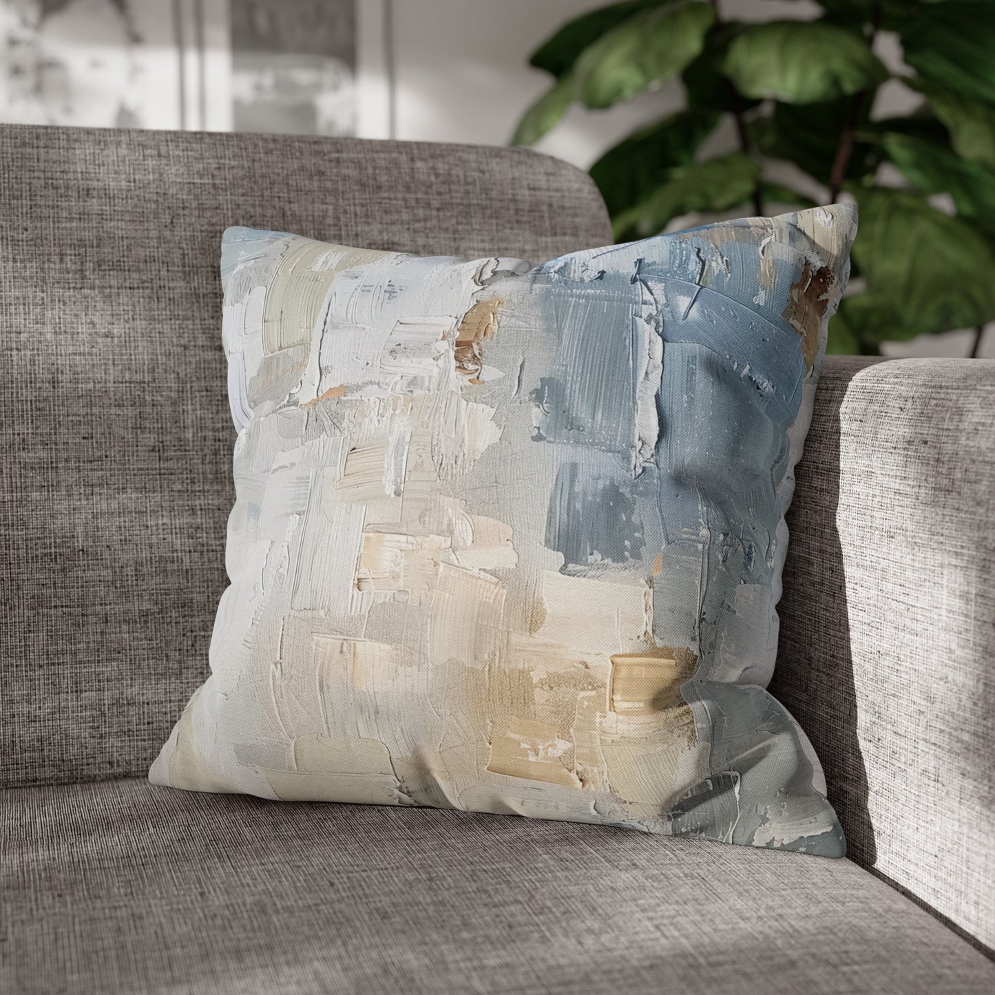 Bold Contrasts Abstract Tan and Blue Color Blocking with Heavy Strokes Spun Polyester Square Pillowcase 4 Sizes