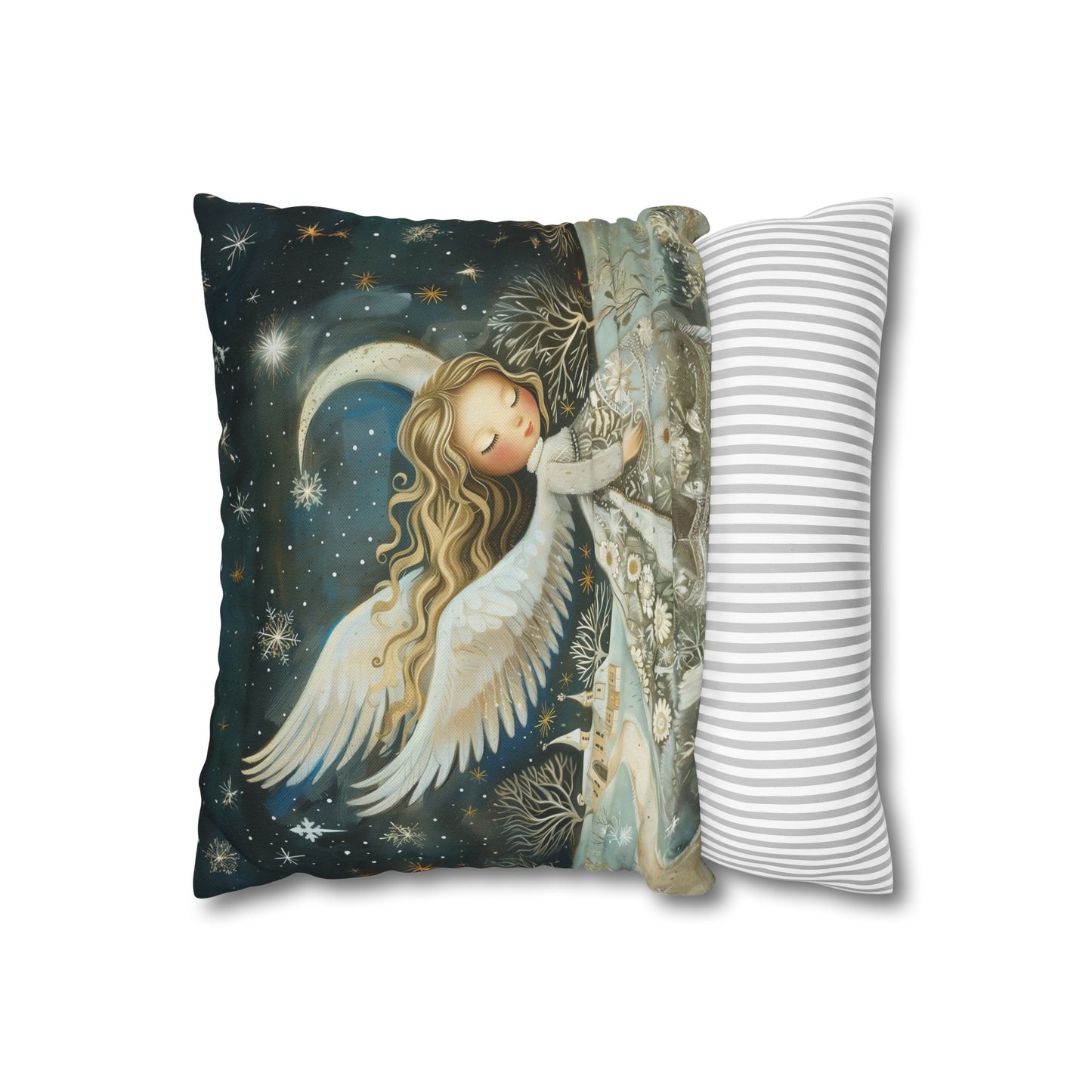 Guardian of Bloom: Young Angel in Floral Dress Amidst a Quaint Village Spun Polyester Square Pillowcase 4 Sizes