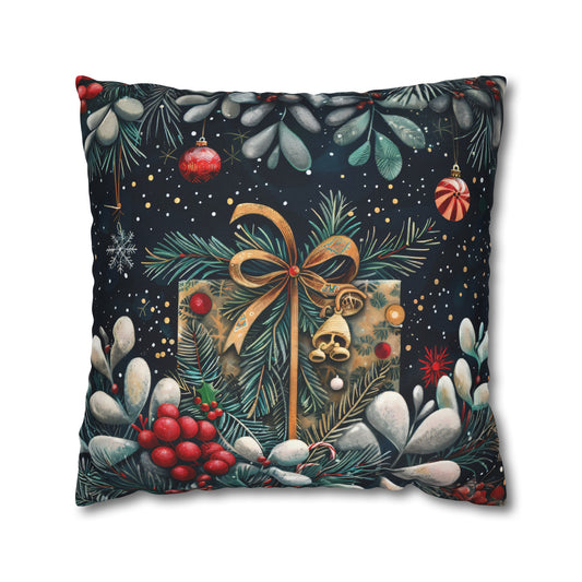 Christmas Present Nestled Amongst Pine and Ornaments Spun Polyester Square Pillowcase 4 Sizes