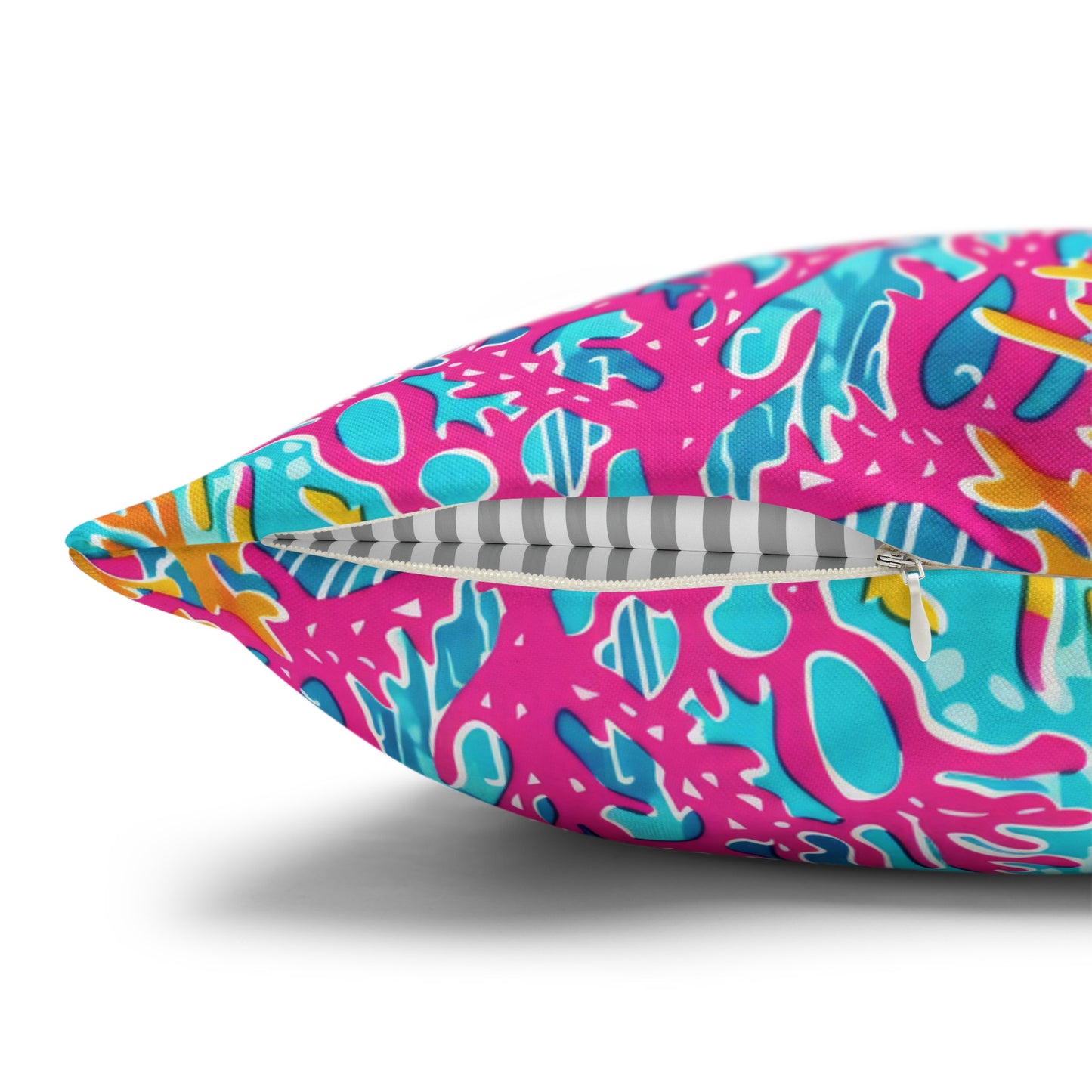 Coral Symphony: Bright Pink, Yellow, and Coral Dancing in the Blue Ocean Spun Polyester Square Pillowcase 4 Sizes