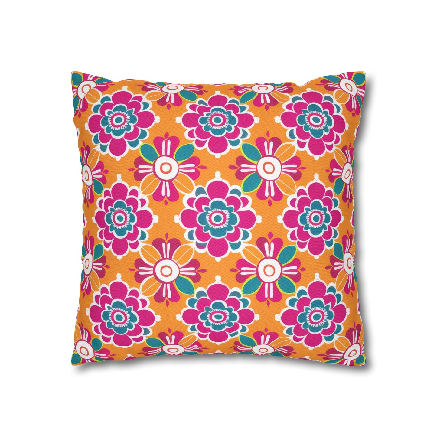 Array of Stylized Floral Motifs in Vivid Pink, Teal, and White Set Against a Warm Orange Backdrop Spun Polyester Square Pillowcase 4 Sizes