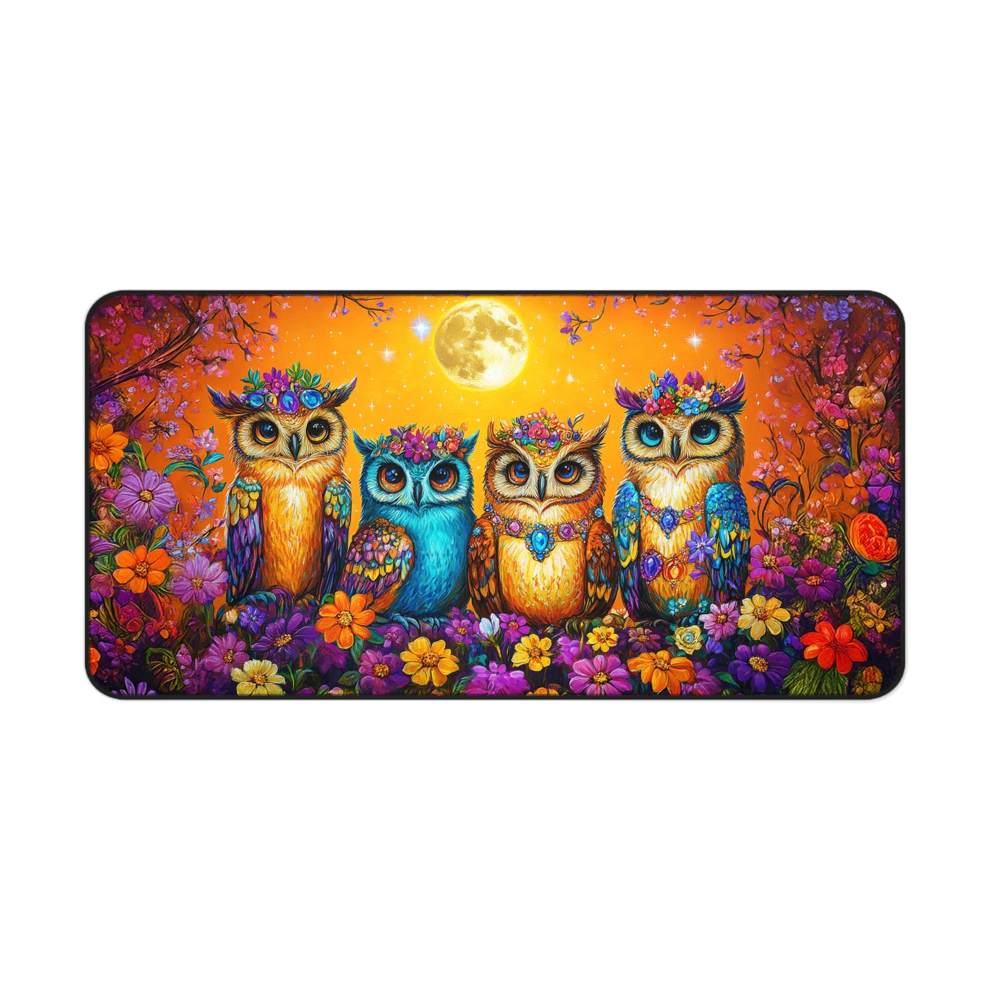 Enchanted Owls Adorned with Floral Crowns Under a Starry Sky Extended Gaming Mouse Pad  Desk Mat  - 3 Sizes