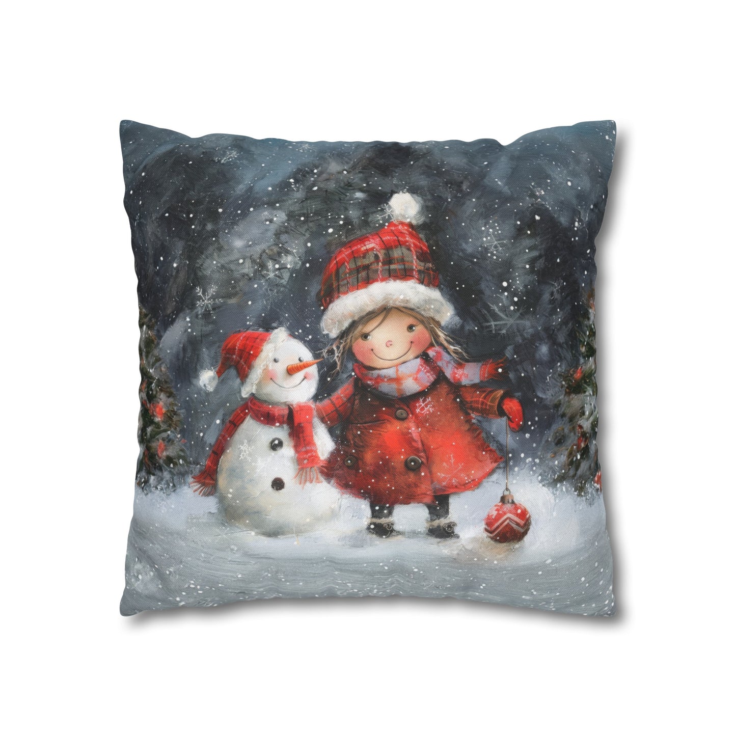 Frosty Friends: Little Girl Standing with Snowman on a Snowy Night Spun Polyester Square Pillowcase 4 Sizes