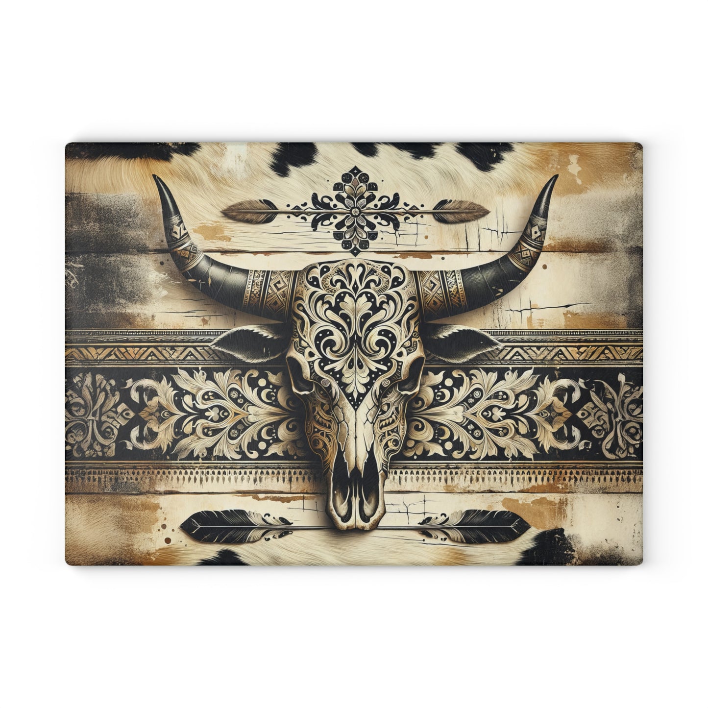 Western Cow Skull Cow Hide Background Glass Cutting Board, Charcuterie Serving Tray 2 Sizes