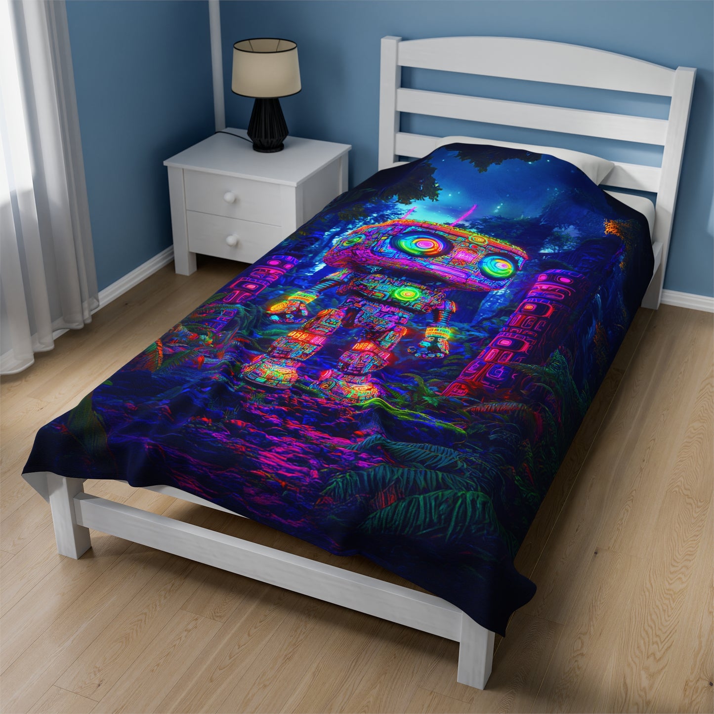 Vibrant Robotic Sentinel Amidst the Mystic Wilderness Velveteen Plush Blanket 3 Sizes