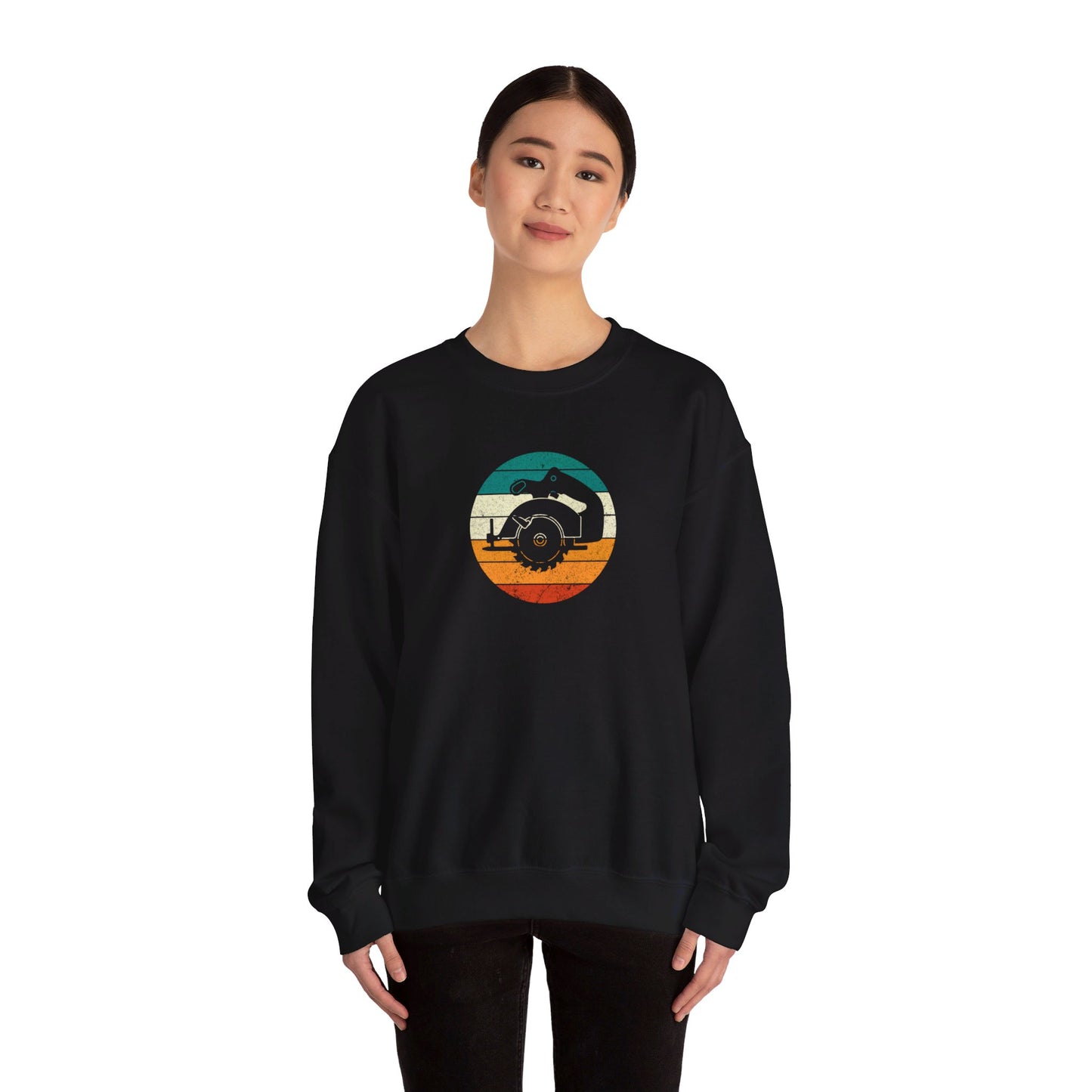 Retro Woodworking Sunset: Carving Memories with Chainsaw Charm - Crewneck Sweatshirt Unisex S-3XL