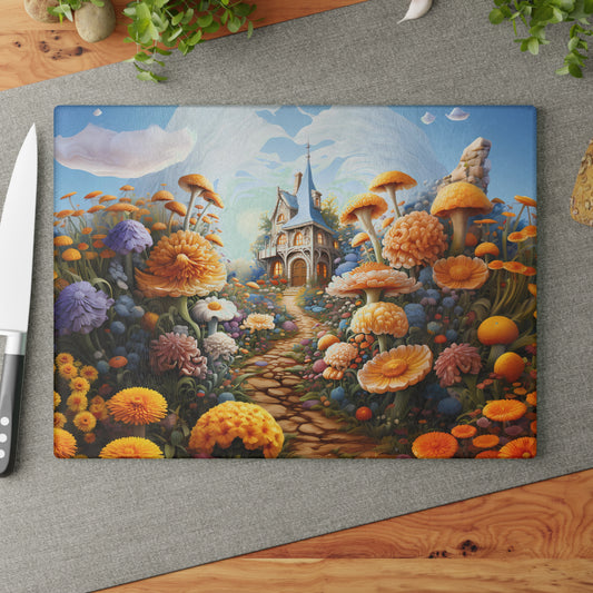 Fairytale Sunflower Mushroom Garden with House on a Hill  - Glass Cutting Board  8" x 11" and 11" x 15"