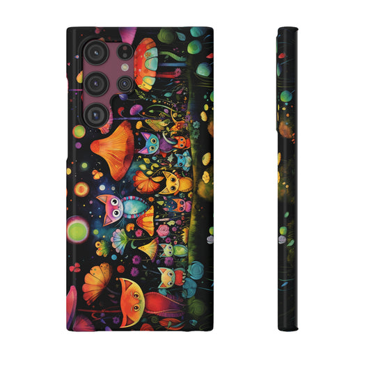 Mystical Cats Amidst a Garden of Flowers and Mushrooms, Beneath a Starry Sky Samsung Slim Cases