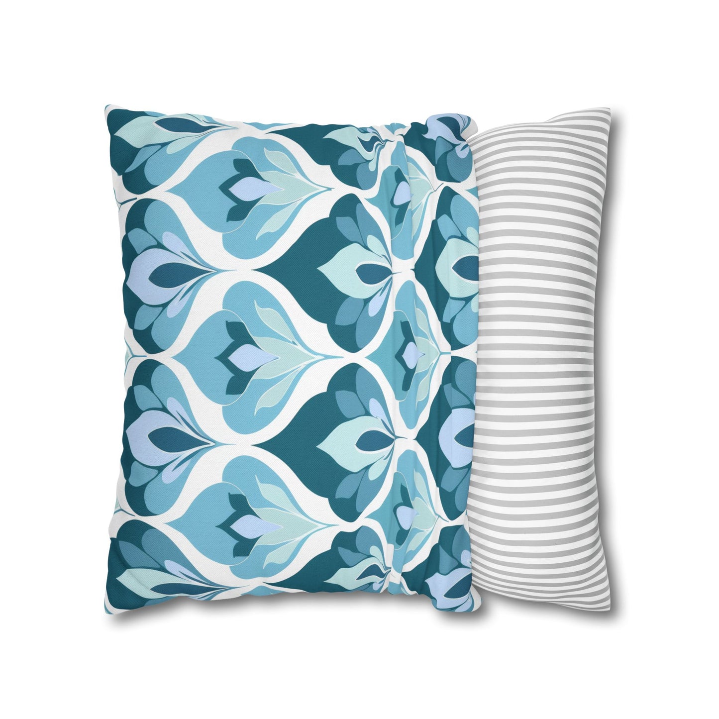 Serene Leaf Motifs Cascading in Cool Hues of Oceanic Blues Spun Polyester Square Pillowcase 4 Sizes