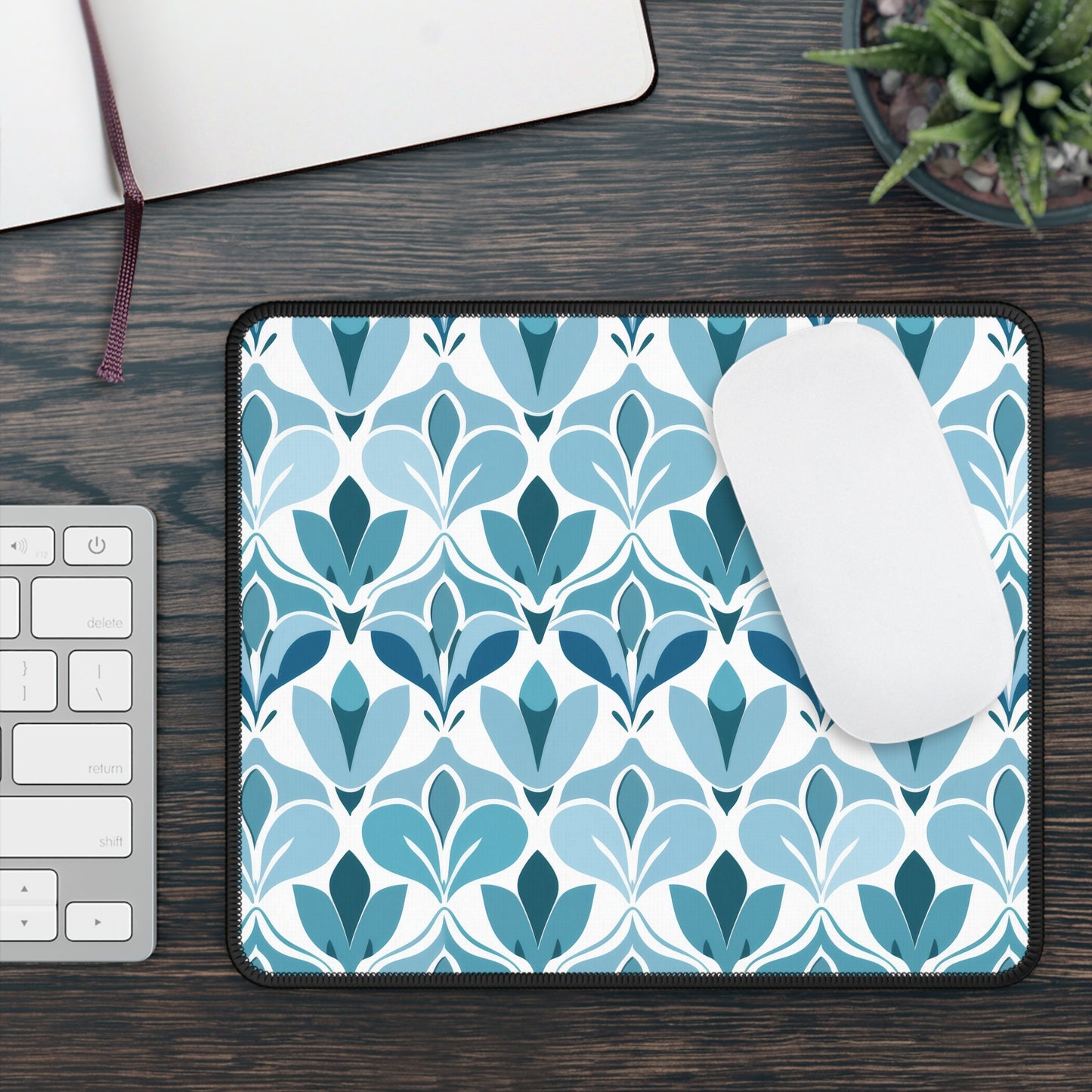 Elegant Floral Pattern in Shades of Aqua and Teal, Forming Graceful Botanical Motifs Gaming Mouse Pad with Finished Edges