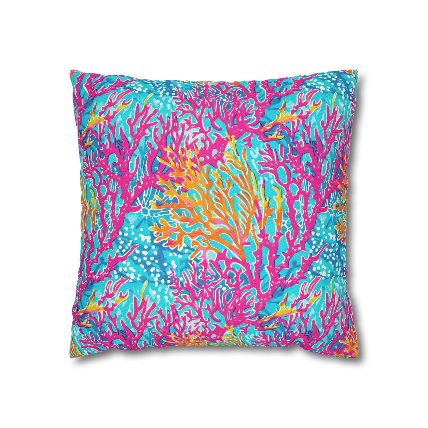 Coral Symphony: Bright Pink, Yellow, and Coral Dancing in the Blue Ocean Spun Polyester Square Pillowcase 4 Sizes