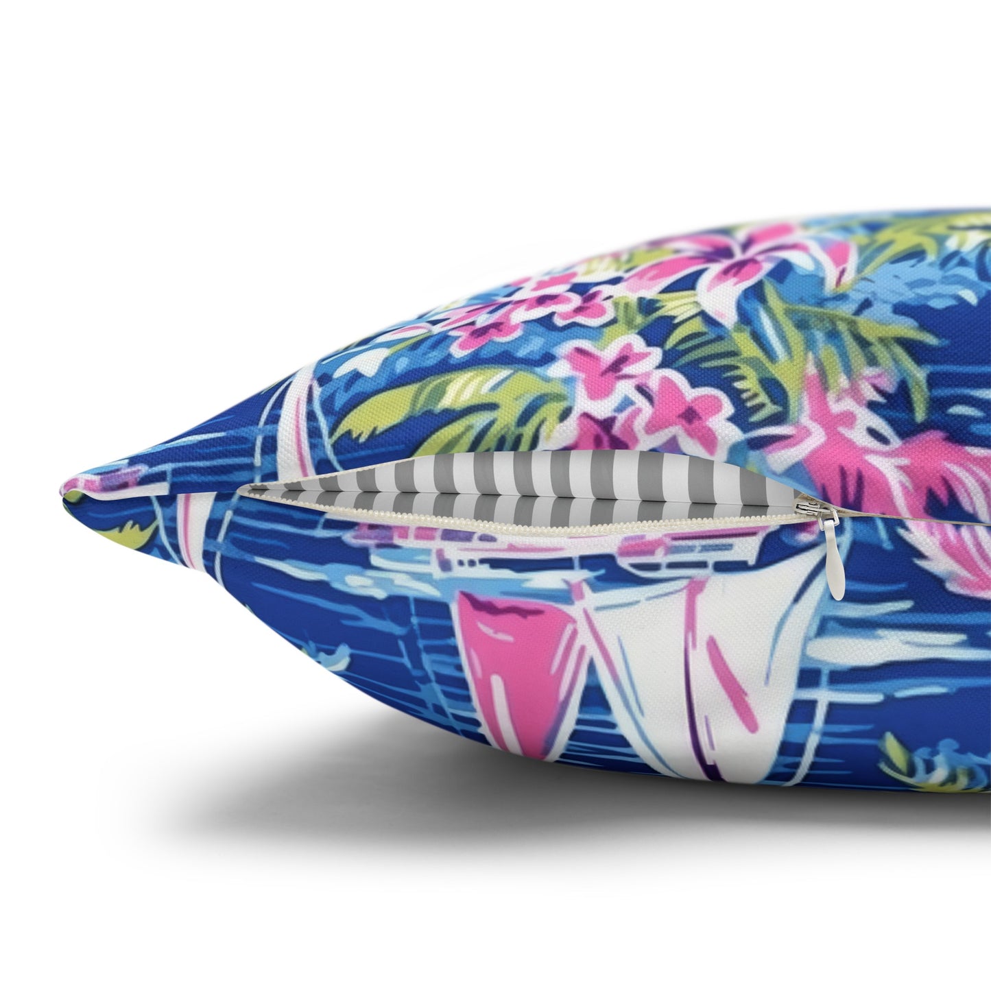 Sailing Tropics: Watercolor Sailboats Amidst Ocean Waves, Tropical Flowers, and Palm Trees Spun Polyester Square Pillowcase 4 Sizes