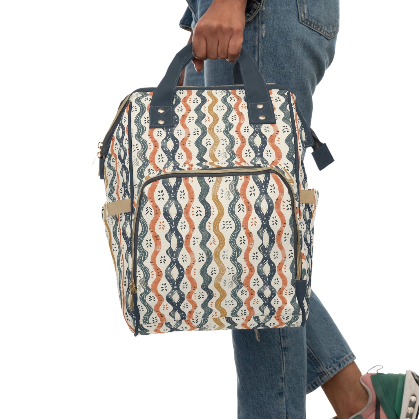 Boho Waves with Earthy Blues Reds and Browns Multifunctional Diaper Backpack