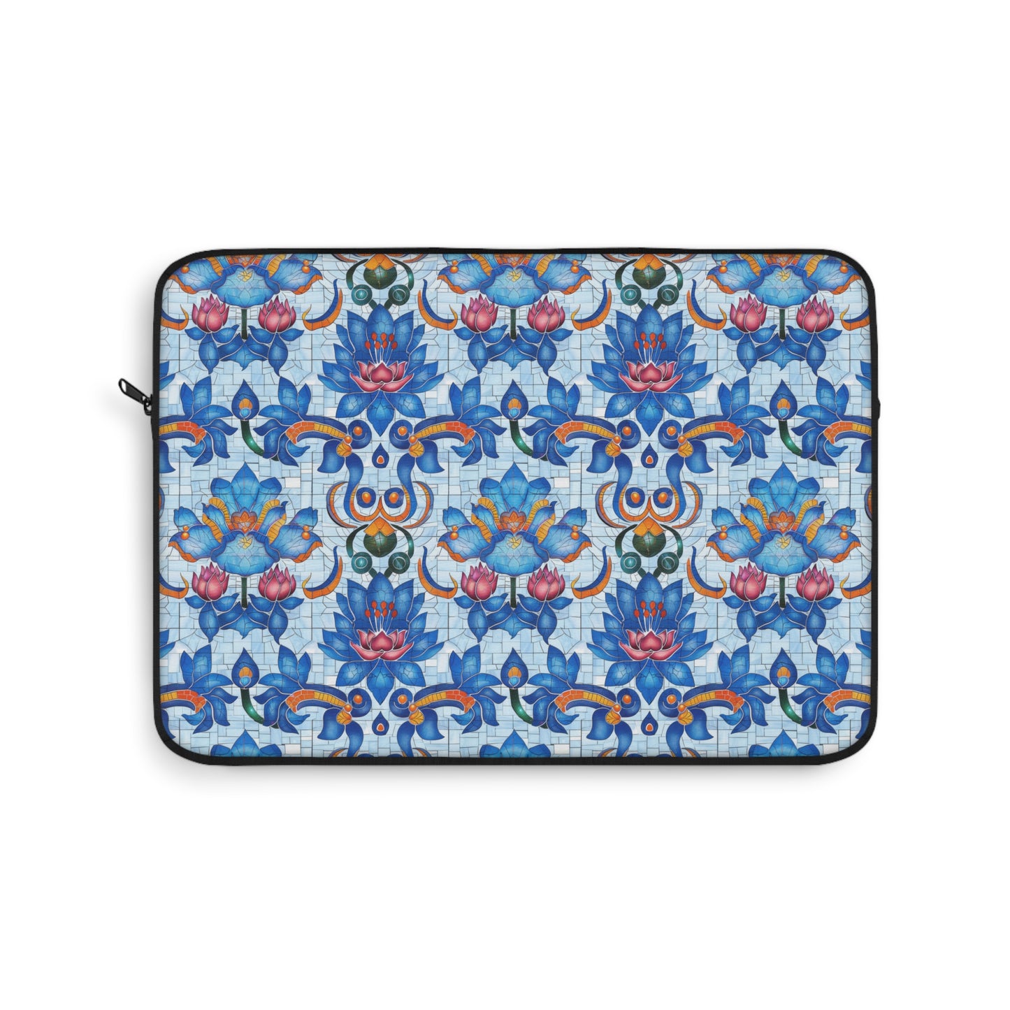 Majestic Mosaic Blossoms Vibrant Blue and Pink Floral Tile Design Laptop or Ipad Protective Sleeve 3 Sizes Available