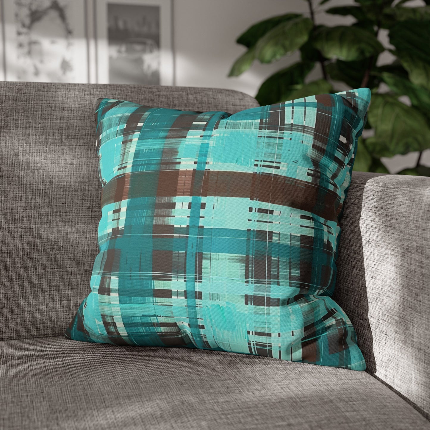 Bold Abstract Watercolor Plaid in Shades of Green and Brown Spun Polyester Square Pillowcase 4 Sizes