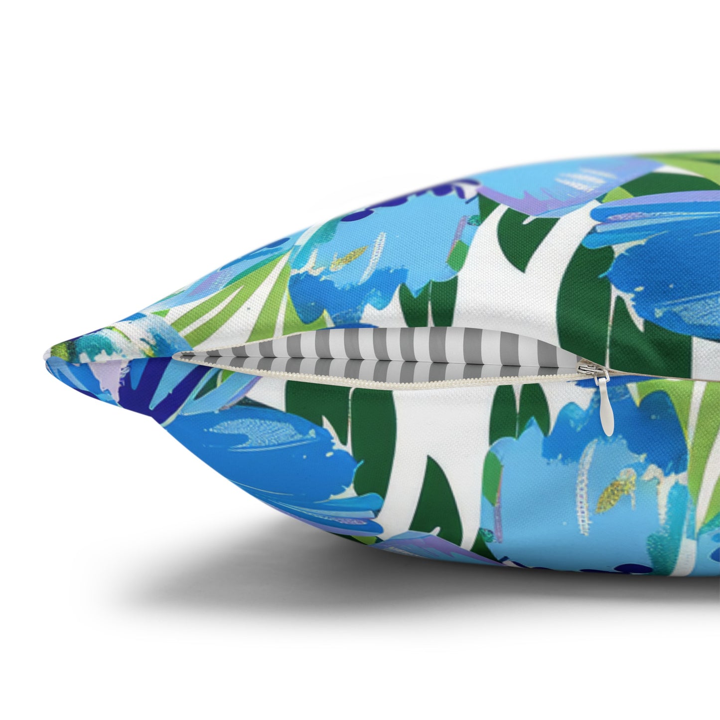 Azure Bloom Oasis: Bright Blue Large Flowers with Lush Green Palm Leaves Spun Polyester Square Pillowcase 4 Sizes