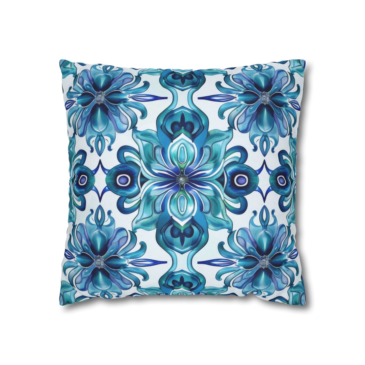 Blossom Symphony of Blue Teal Intricate Floral Pattern Spun Polyester Square Pillowcase 4 Sizes