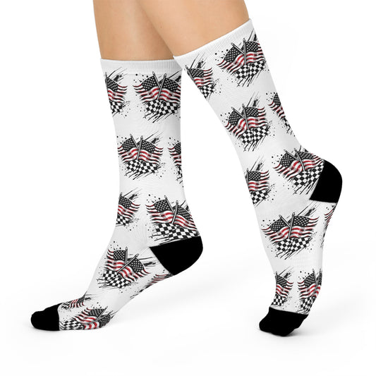 Racing Glory Speed and Freedom Checkered and American Flags Cushioned Crew Socks