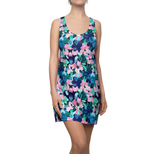 Tranquil Blooms: Muted Blue, Pink, and Green Watercolor Flowers Women's Racerback Dress XS - 2XL