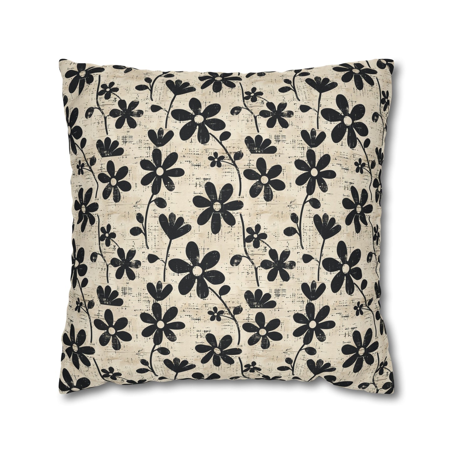 Distressed Black Floral on Beige Background Spun Polyester Square Pillowcase 4 Sizes