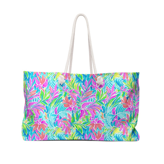 Neon Tropics: Vibrant Rainbow Flowers and Palm Leaves in Electric Splendor Oversized Weekender Bag