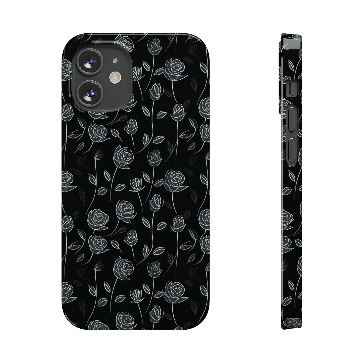 Contrasting Elegance: White Outlined Roses on a Black Background Iphone 15-12 Slim Phone Case