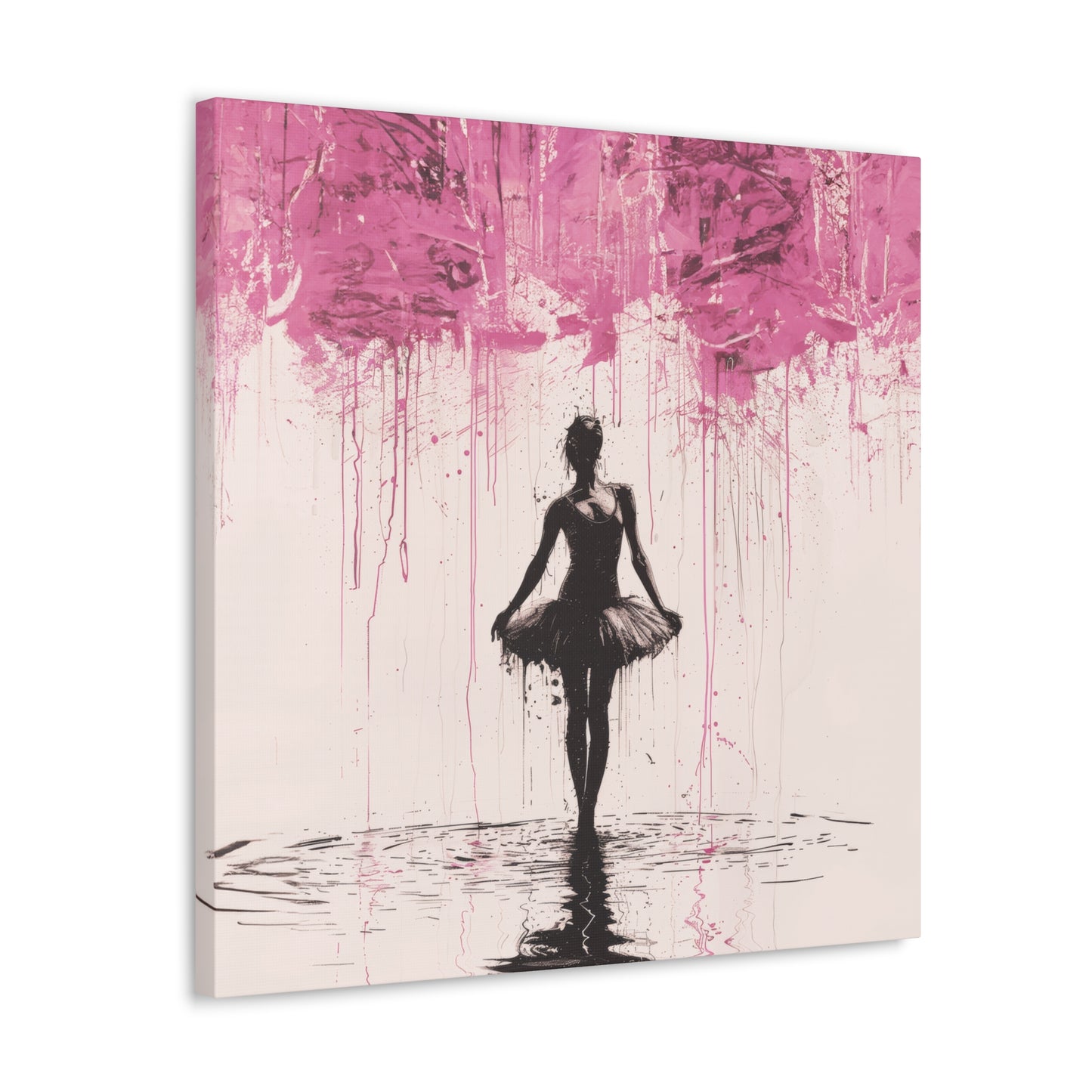 Dreamlike Reverie: Ballerina Dancing Amidst Pink Clouds and Gentle Rain Print on Canvas Gallery - 13 Sizes