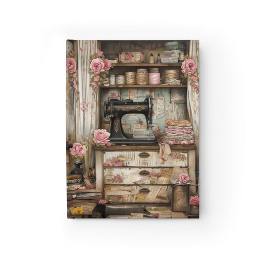 Seamstress at Work Amidst Sewing Machines and Blooming Flowers in Her Vintage Shop - Hardcover Ruled Line Journal 5" x 7"