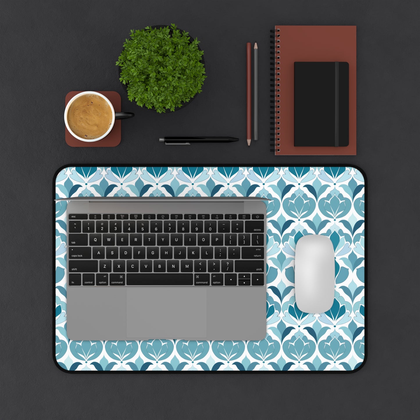 Serene Floral Pattern in Shades of Aqua and Teal, Forming Graceful Botanical Motifs Extended Gaming Mouse Pad  Desk Mat  - 3 Sizes