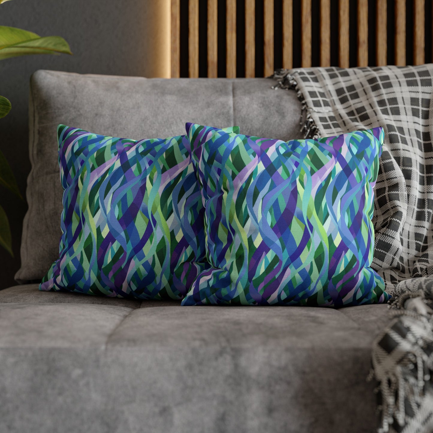 Vibrant Purple Blue and Green Ribbons Spun Polyester Square Pillowcase 4 Sizes