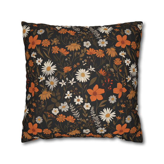 Elegant Floral Seamless Pattern in Warm Autumn Hues on Dark Background Polyester Square Pillowcase 4 Sizes