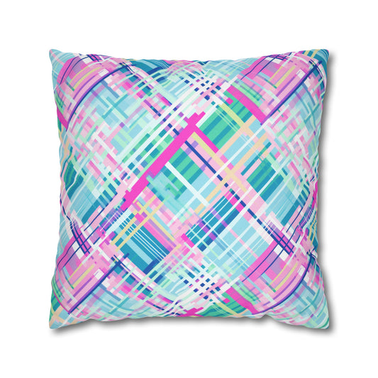 Whimsical Plaid Spectrum: Bright Pinks, Blues, and Greens in Abstract Spun Polyester Square Pillowcase 4 Sizes