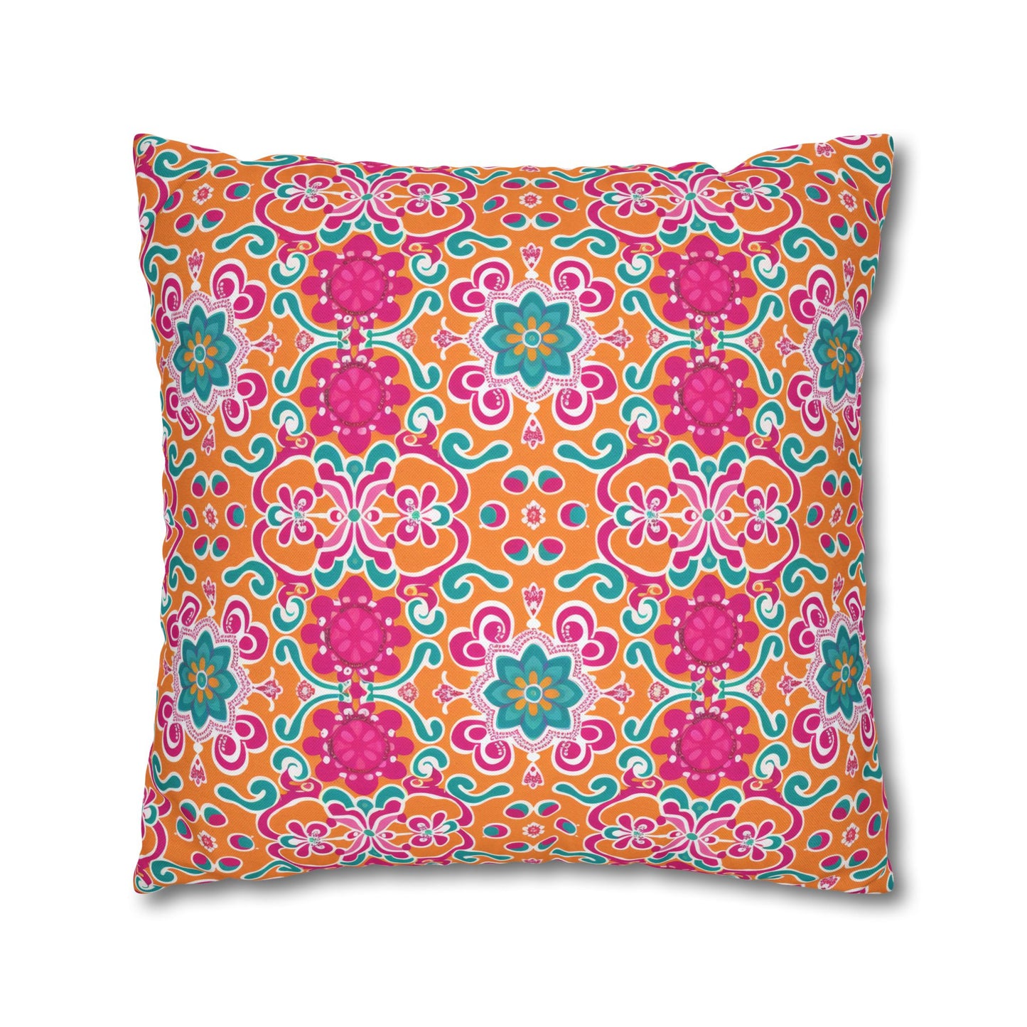 Kaleidoscope of Warm Tangerine, Lush Teal, and Lively Pink Blooms Polyester Square Pillowcase 4 Sizes