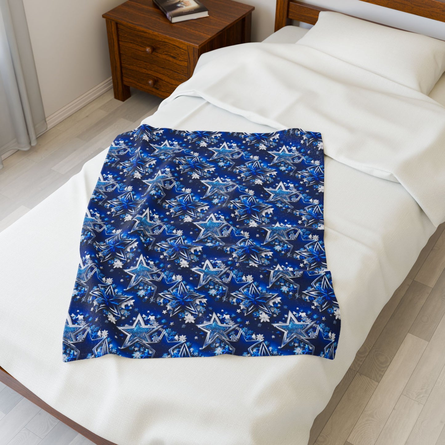 Texas Stars in Blue and Silver with Flowers Print Velveteen Plush Blanket 3 Sizes