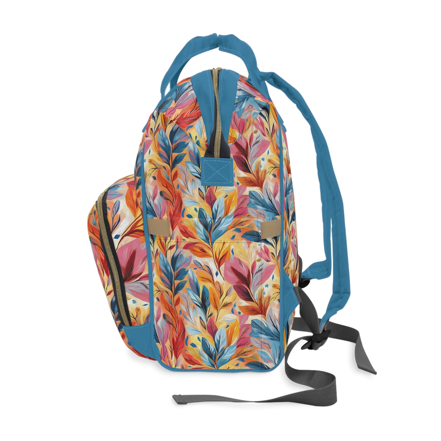 Vibrant Autumn Feathers in Hues of Orange, Yellow, Blue, and Pink on a Textured Background Multifunctional Diaper Backpack