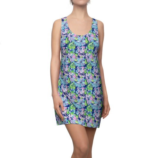 Seaside Coastal Pink, Navy, and Green Tropical Blooms Women's Racerback Dress XS - 2XL