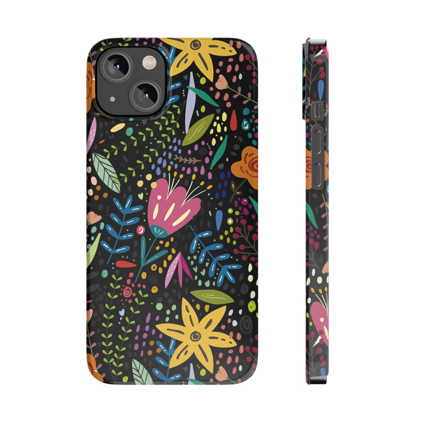 Springtime Splendor: Hand-Drawn Flowers Bursting with Vibrant Colors Design on Black Iphone 15-12 Slim Phone Case